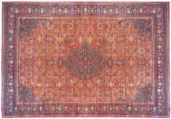 An example of an antique rug is this antique ▶ Persian Ferahan Sarouk rug, 13’6” × 20’3”, circa 1890.